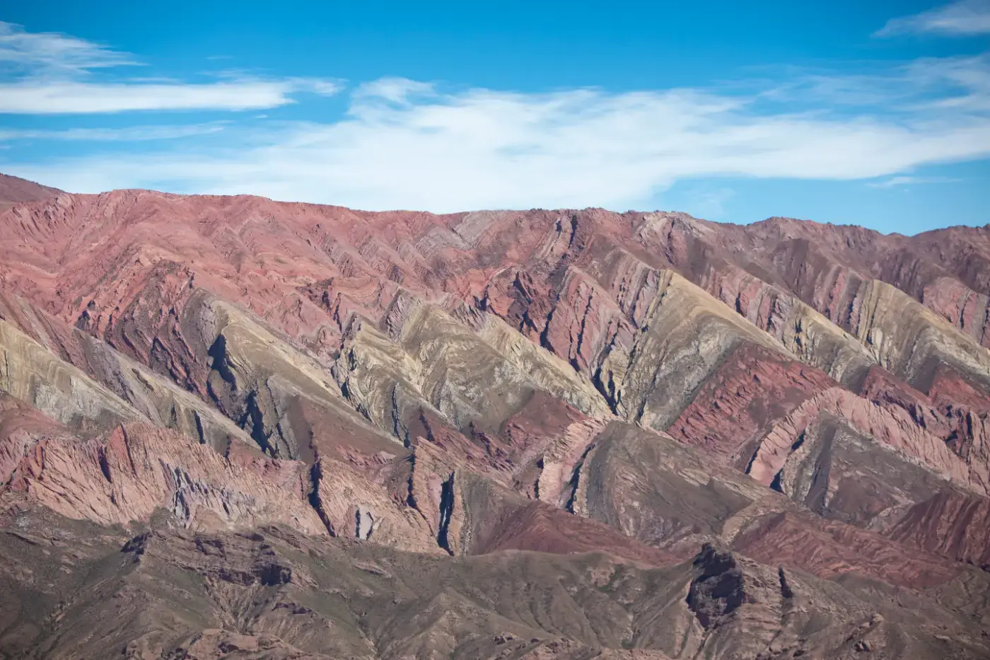 Montañas estriadas de la Quebrada de Humahuaca con cielo azul, Jujuy